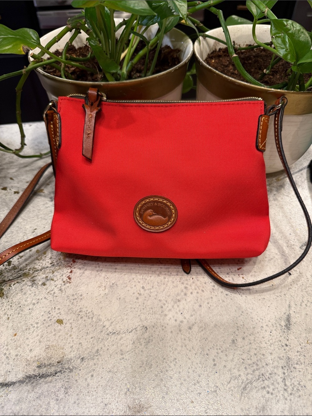 Dooney & Bourke Red Crossbody with Brown Leather Trim